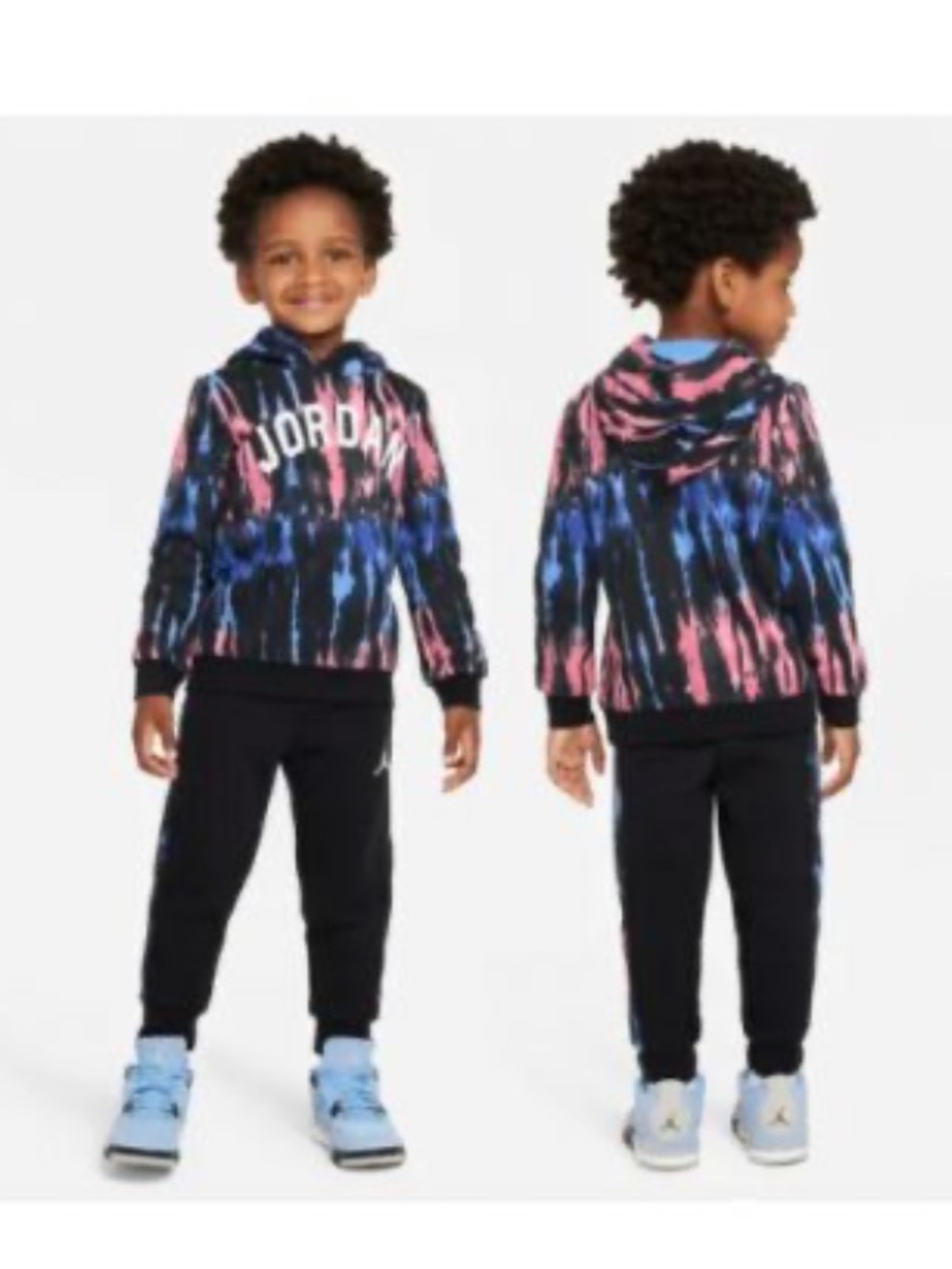 JORDAN Toddler Black Hoodie with Blue & Pink Tie-Dye Logo Jogger Set 3T